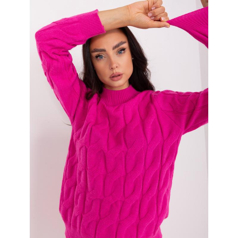 Fluoreszkáló rózsaszín hosszabb oversized pulóver V-kivágással RUE PARIS