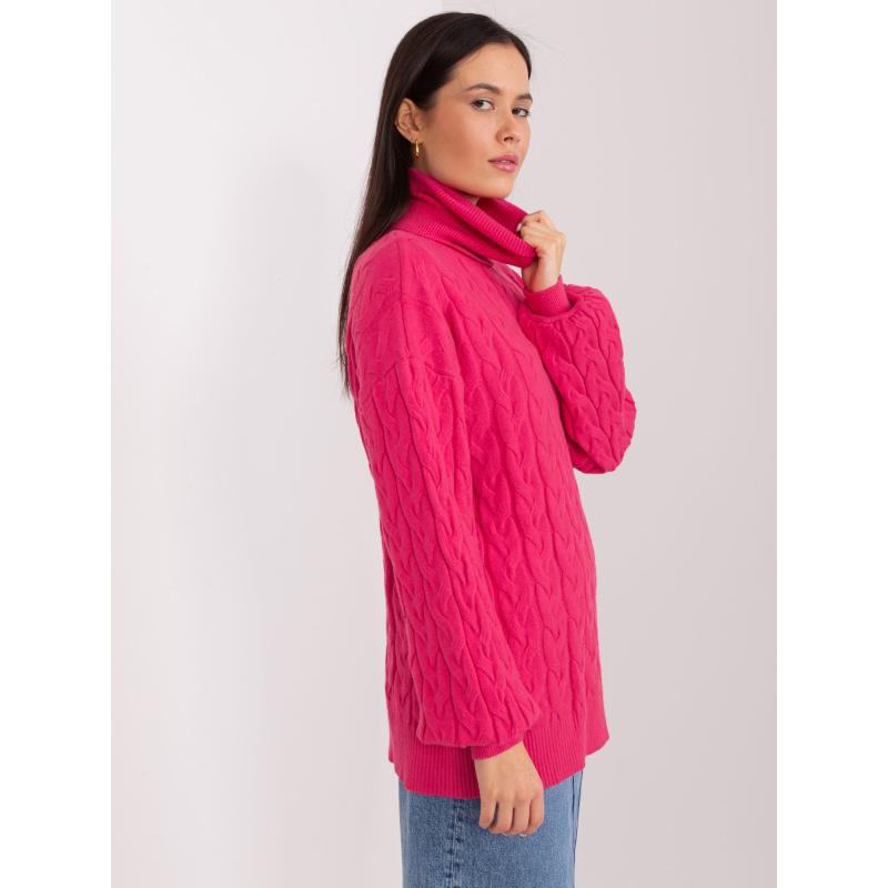 Fuchsiový pruhovaný asymetrický sveter so stojatým golierom