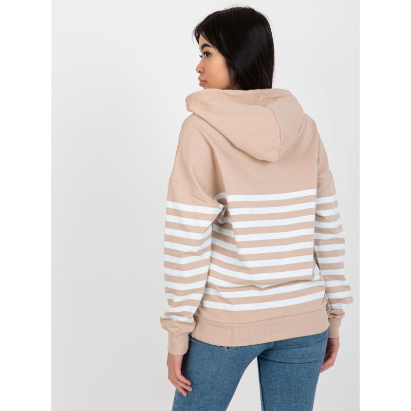 Bézs és fehér RUE PARIS alap női pulóver kapucnival