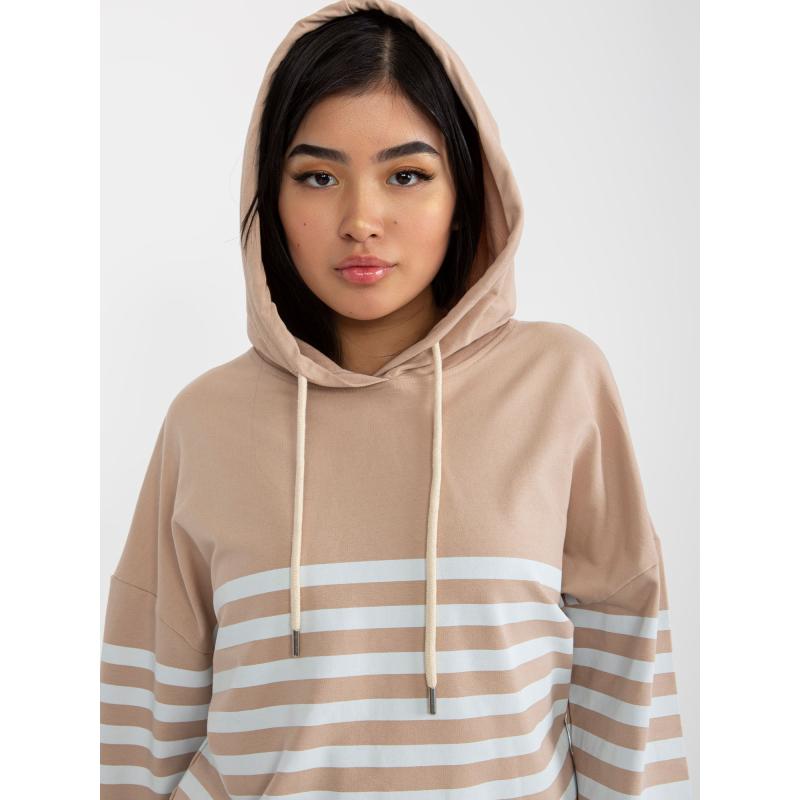 Bézs és fehér RUE PARIS alap női pulóver kapucnival