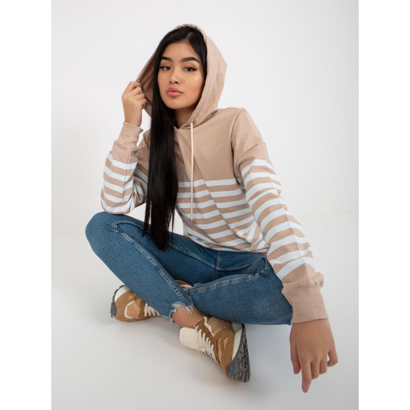 Bézs és fehér RUE PARIS alap női pulóver kapucnival