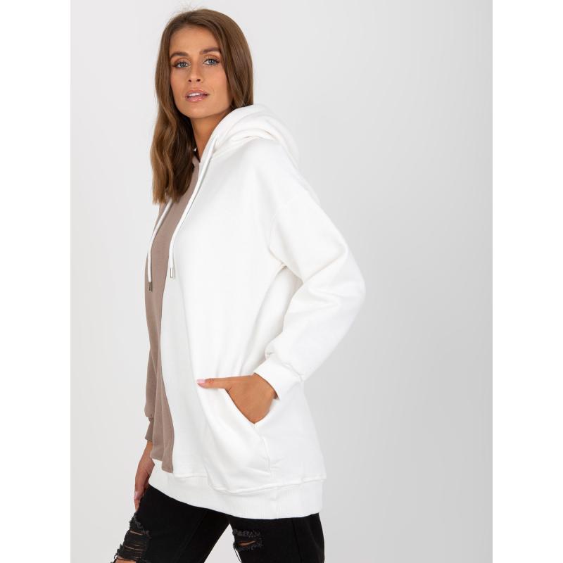 Bézs és fehér RUE PARIS alap pamut pulóver kapucnival