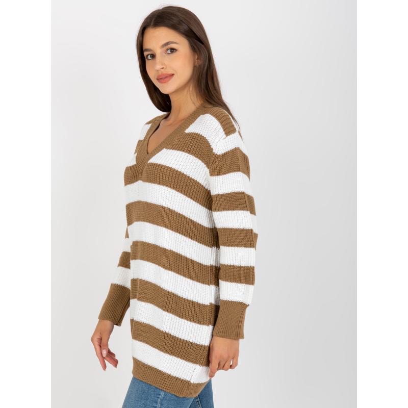 Pisztáciaszín csíkos pulóver rollóval