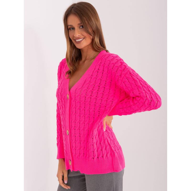 Fluoreszkáló rózsaszínű, kötött mintás női pulóver
