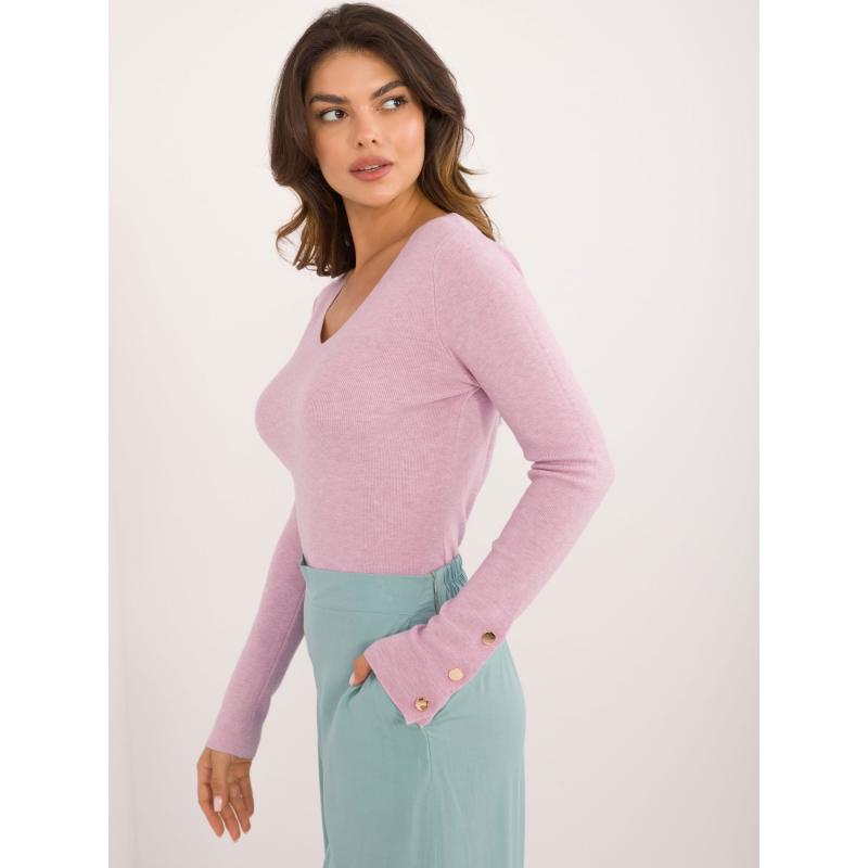 Rózsaszín-sötétkék pulóver csíkokkal és laza szabással