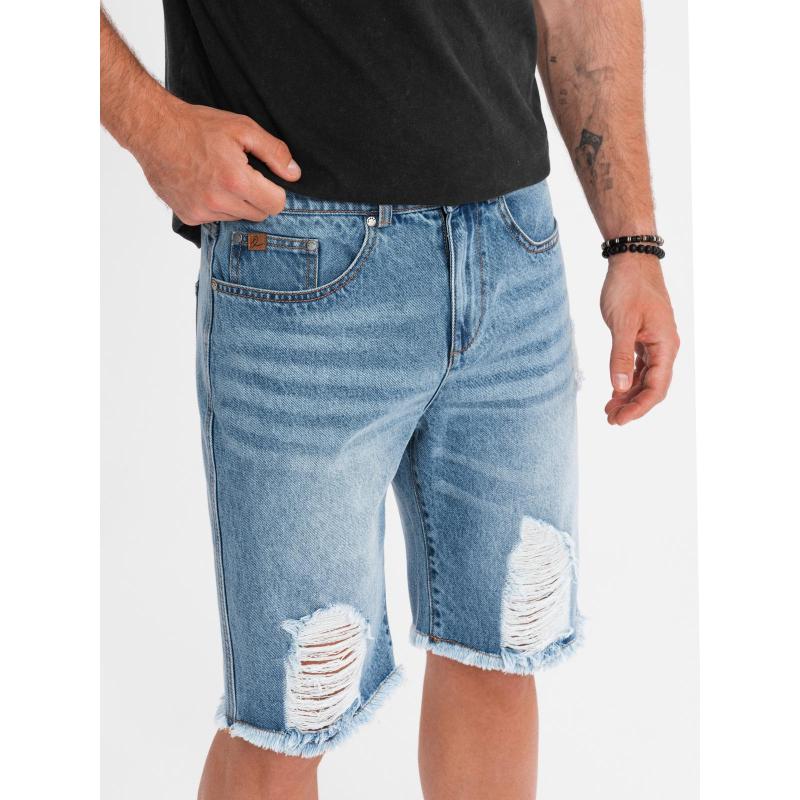 Pánske krátke džínsové šortky s roztrhnutou nohavicou a dierami - svetlomodré V2 OM-SRDS-0157