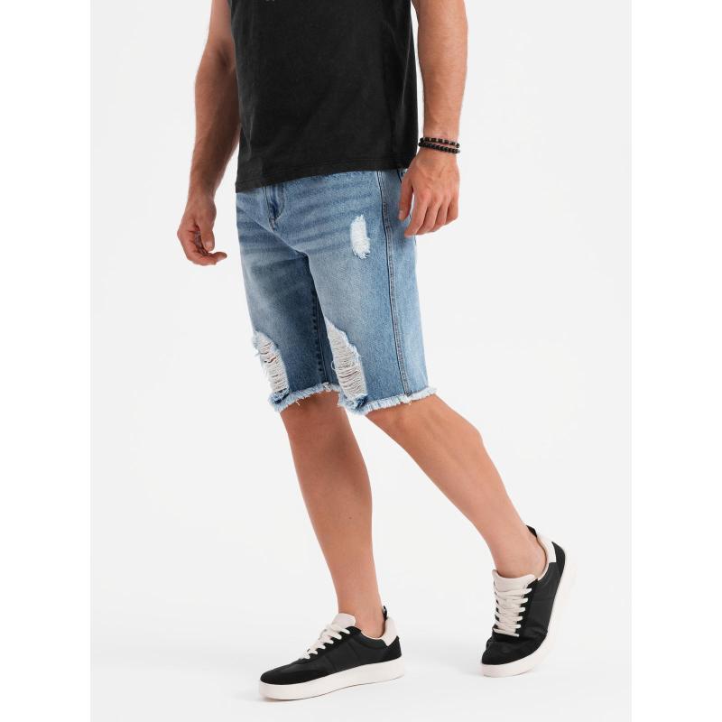 Pánske krátke džínsové šortky s roztrhnutou nohavicou a dierami - svetlomodré V2 OM-SRDS-0157