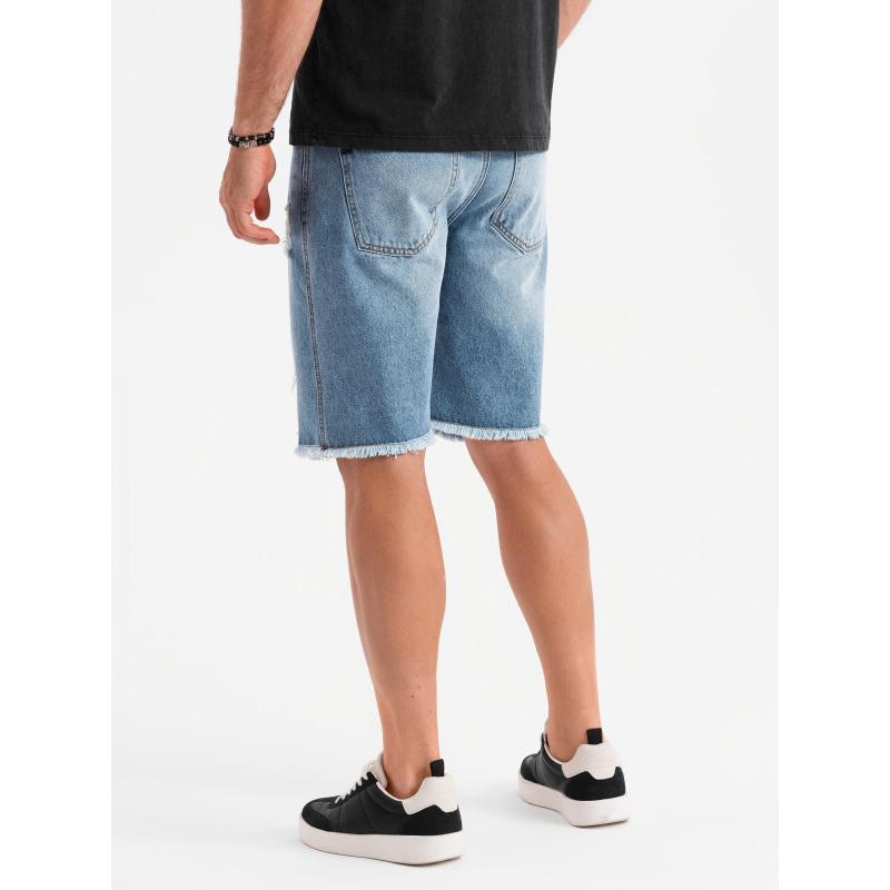 Pánske krátke džínsové šortky s roztrhnutou nohavicou a dierami - svetlomodré V2 OM-SRDS-0157