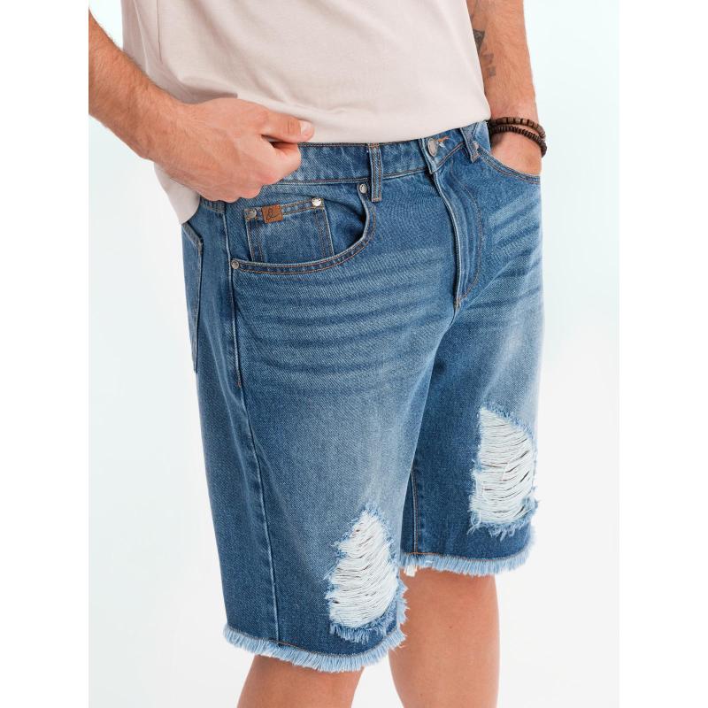 Pánske krátke džínsové šortky s roztrhanou nohavicou a dierami - modré V3 OM-SRDS-0157