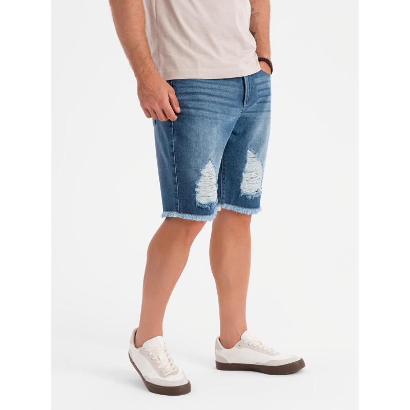 Pánske krátke džínsové šortky s roztrhanou nohavicou a dierami - modré V3 OM-SRDS-0157