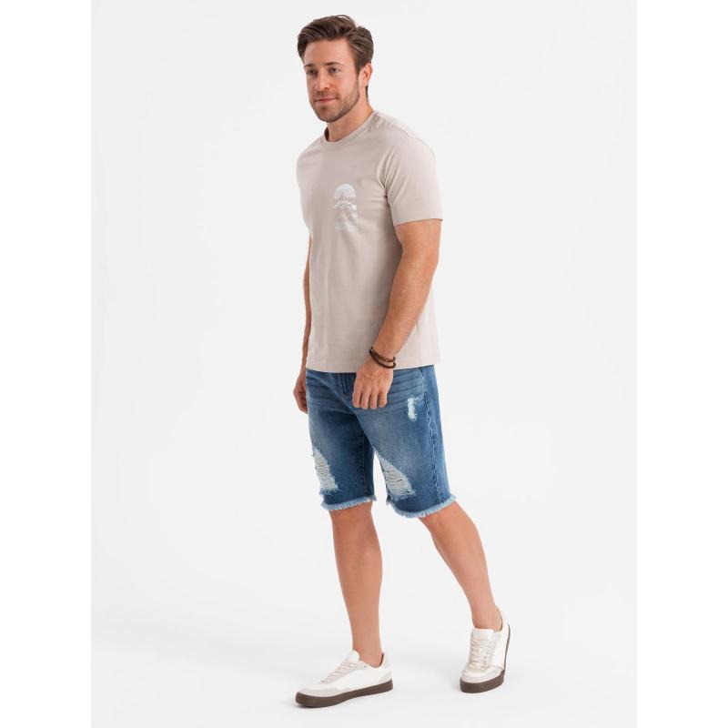 Pánske krátke džínsové šortky s roztrhanou nohavicou a dierami - modré V3 OM-SRDS-0157