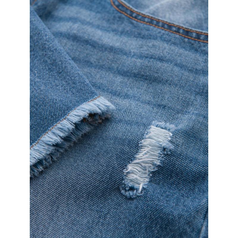 Pánske krátke džínsové šortky s roztrhanou nohavicou a dierami - modré V3 OM-SRDS-0157