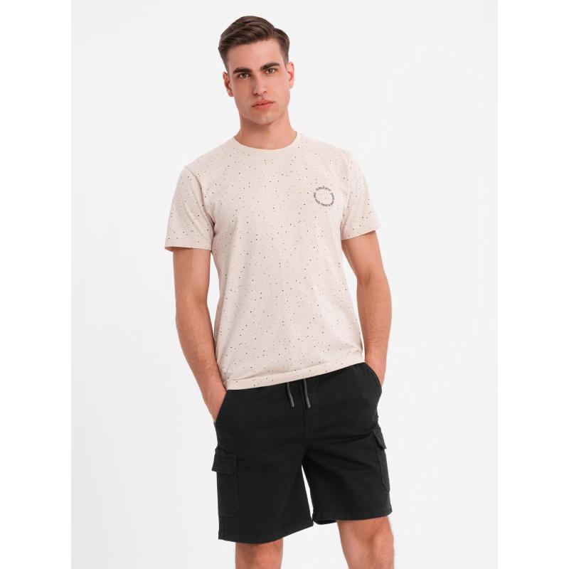 Pánske bavlnené tričko s potlačou a okrúhlym výstrihom - béžové V2 OM-TSFP-0186