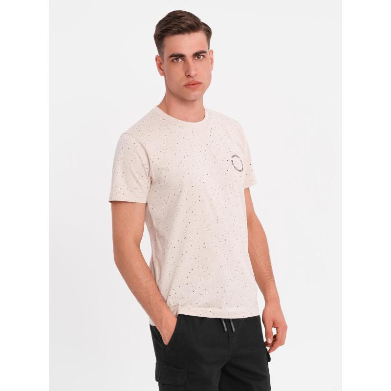 Pánske bavlnené tričko s potlačou a okrúhlym výstrihom - béžové V2 OM-TSFP-0186
