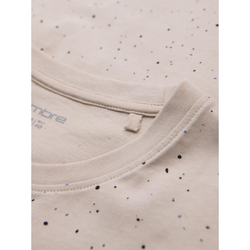 Pánske bavlnené tričko s potlačou a okrúhlym výstrihom - béžové V2 OM-TSFP-0186