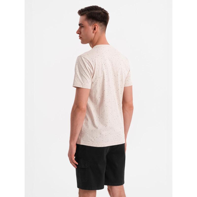Pánske bavlnené tričko s potlačou a okrúhlym výstrihom - béžové V2 OM-TSFP-0186