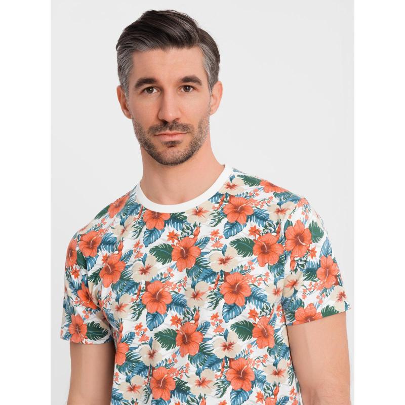 Pánské bavlněné tričko s květinovým celoplošným potiskem - bílé V1 OM-TSFP-0249