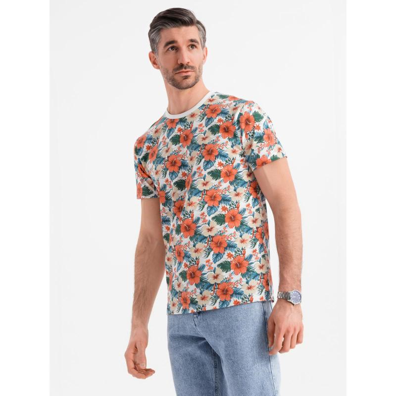 Pánské bavlněné tričko s květinovým celoplošným potiskem - bílé V1 OM-TSFP-0249