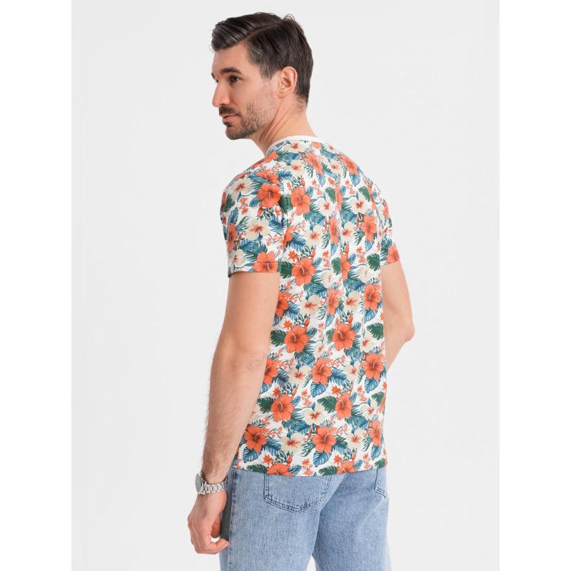 Pánské bavlněné tričko s květinovým celoplošným potiskem - bílé V1 OM-TSFP-0249