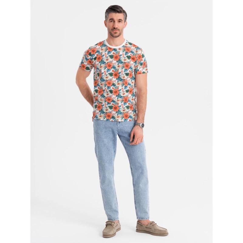 Pánské bavlněné tričko s květinovým celoplošným potiskem - bílé V1 OM-TSFP-0249