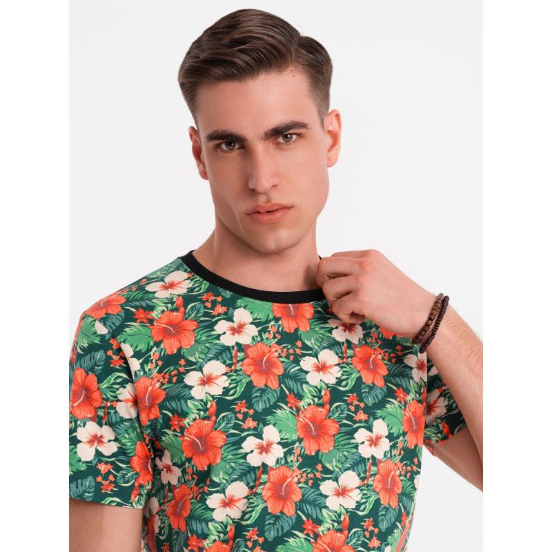 Pánske bavlnené tričko s celoplošnou kvetinovou potlačou - čierne V2 OM-TSFP-0249