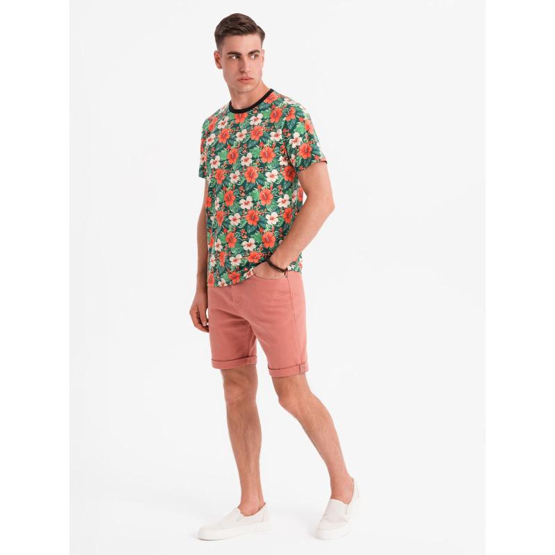 Pánske bavlnené tričko s celoplošnou kvetinovou potlačou - čierne V2 OM-TSFP-0249