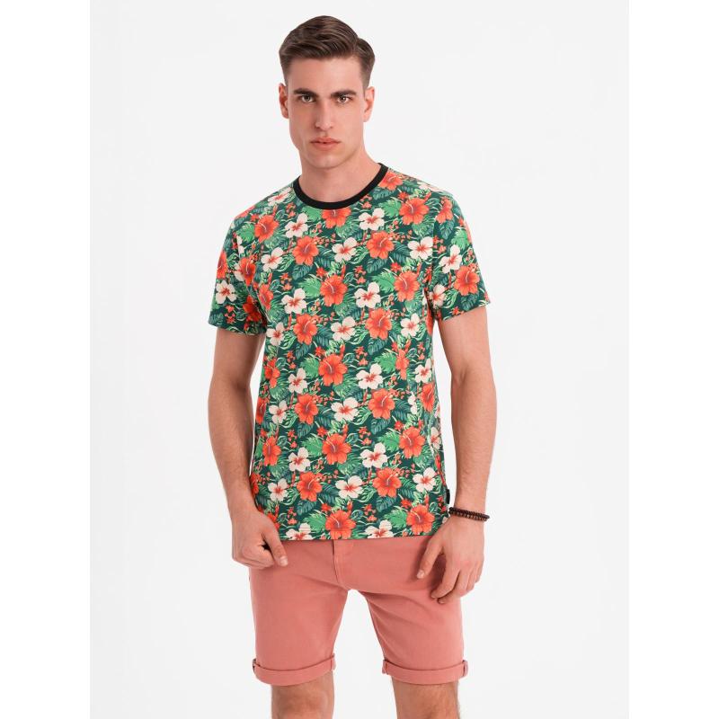 Pánske bavlnené tričko s celoplošnou kvetinovou potlačou - čierne V2 OM-TSFP-0249