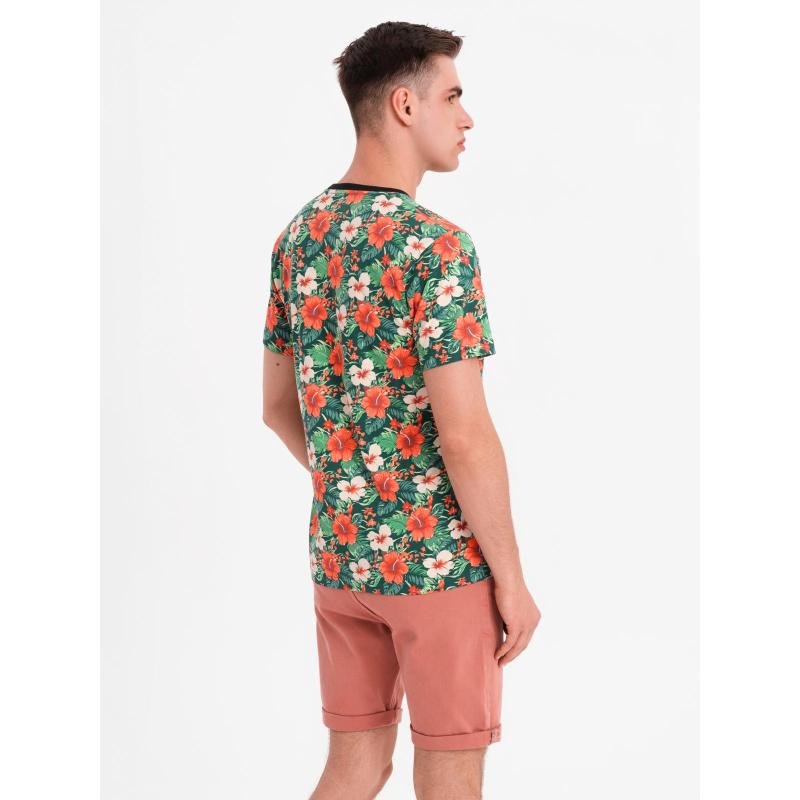 Pánske bavlnené tričko s celoplošnou kvetinovou potlačou - čierne V2 OM-TSFP-0249