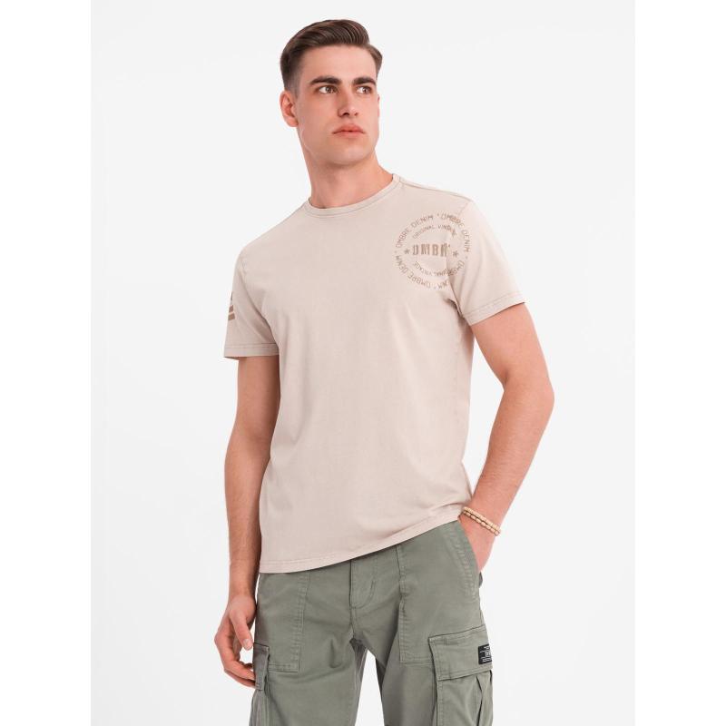 Pánske bavlnené tričko s potlačou vo vojenskom štýle - béžové V1 OM-TSWT-0202