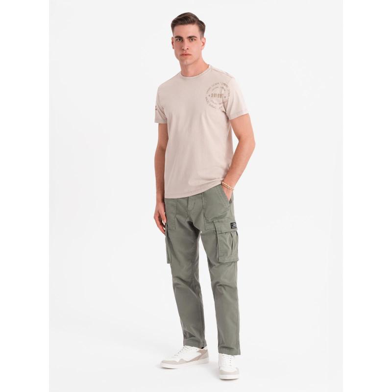 Pánske bavlnené tričko s potlačou vo vojenskom štýle - béžové V1 OM-TSWT-0202