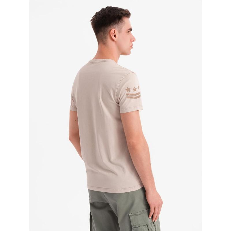 Pánske bavlnené tričko s potlačou vo vojenskom štýle - béžové V1 OM-TSWT-0202