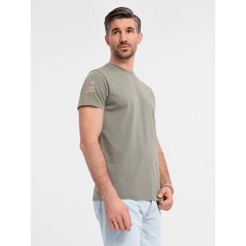 Férfi pamut póló katonai stílusú nyomtatással - világos olajzöld V2 OM-TSWT-0202 OM-TSWT-0202