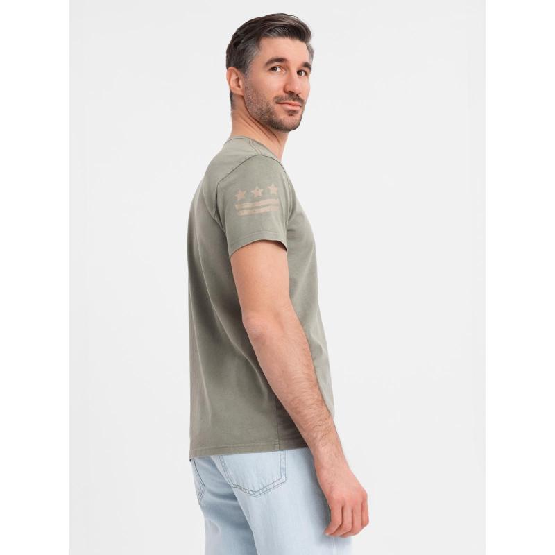 Férfi pamut póló katonai stílusú nyomtatással - világos olajzöld V2 OM-TSWT-0202 OM-TSWT-0202