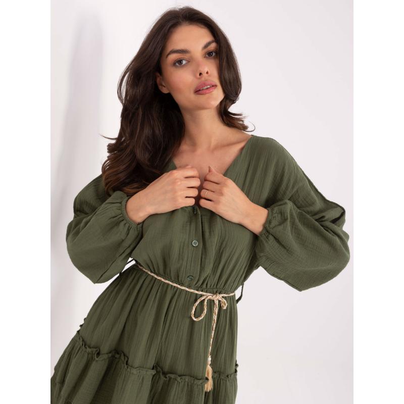 Muszlin ruha puffos ujjú, khaki