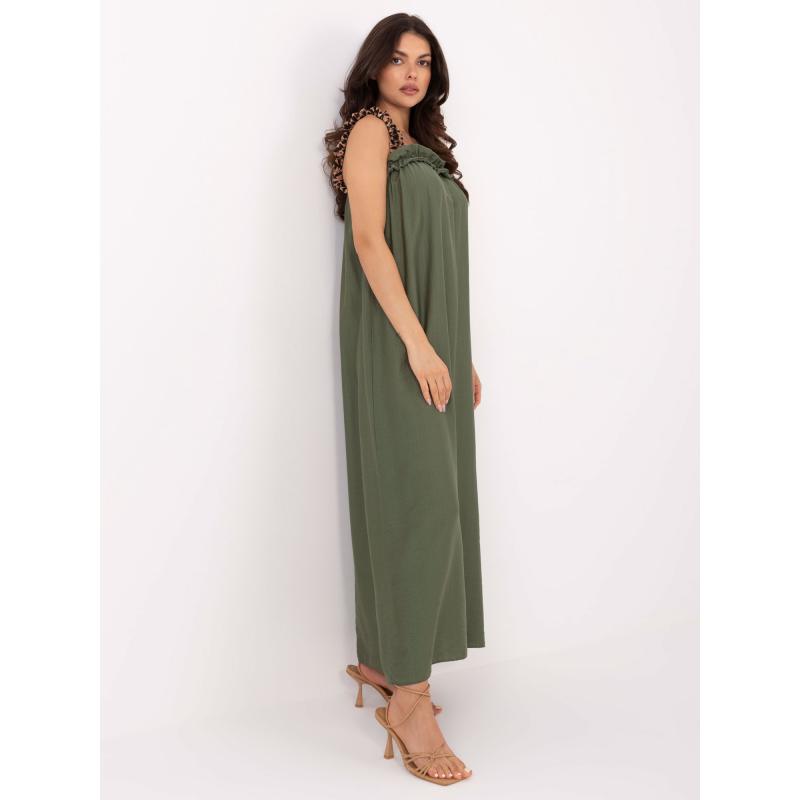 Khaki šaty bez ramínek s maskáčovými ramínky