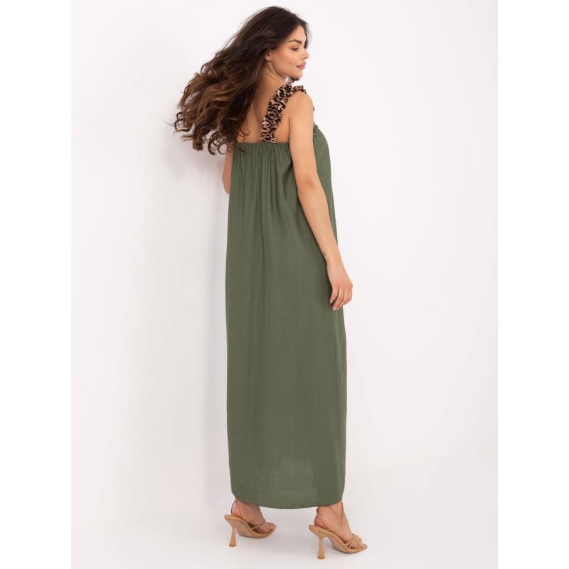 Khaki šaty bez ramínek s maskáčovými ramínky