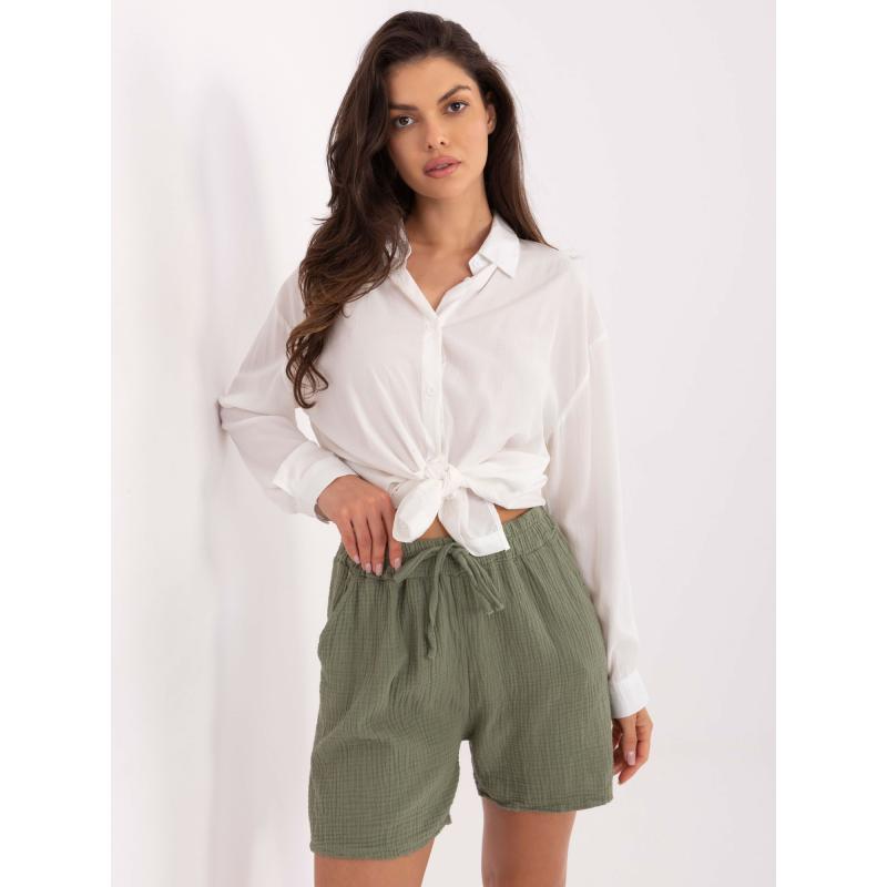 Nyári muszlin rövidnadrág khaki színben