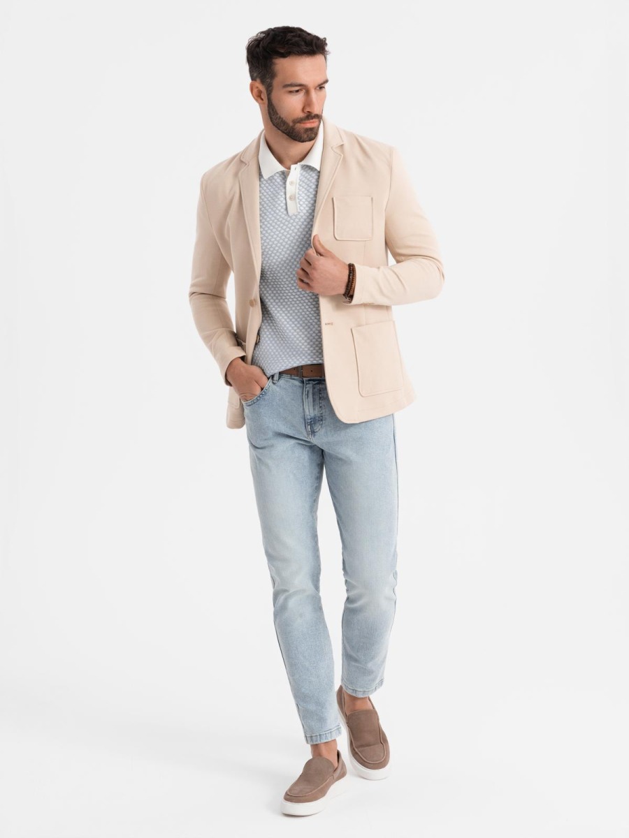 Pánské elegantní slim fit pletené sako s klopami, béžové