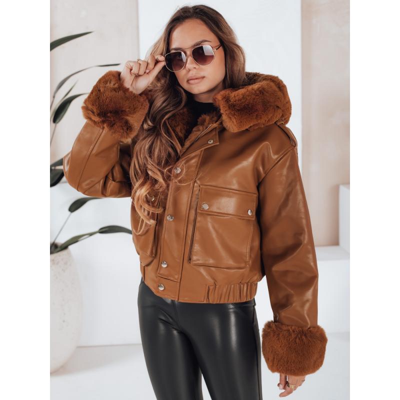 Dámská koženková bunda s kožešinou hnědá