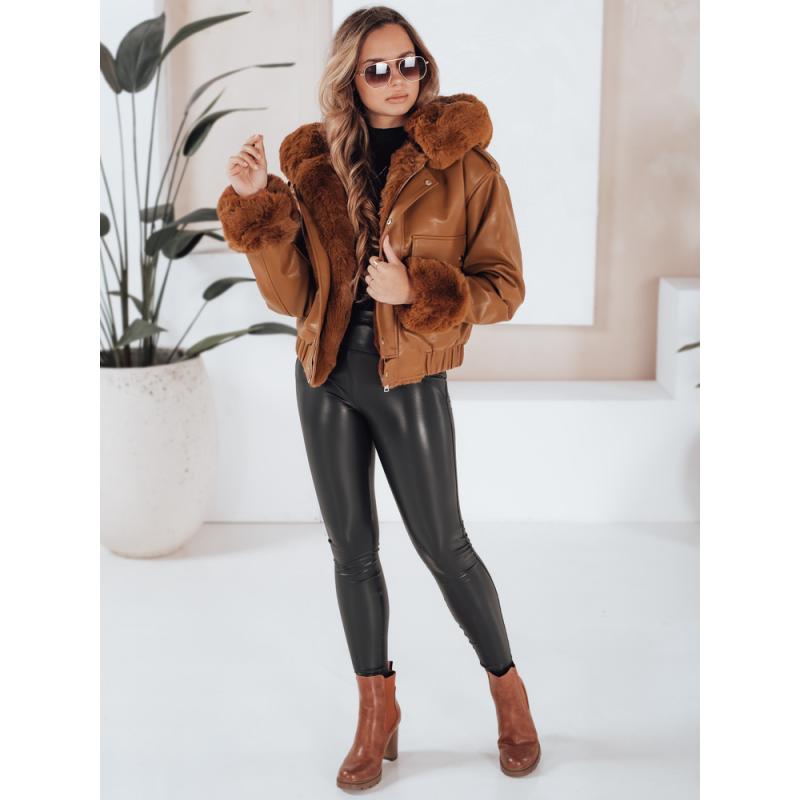 Dámská koženková bunda s kožešinou hnědá