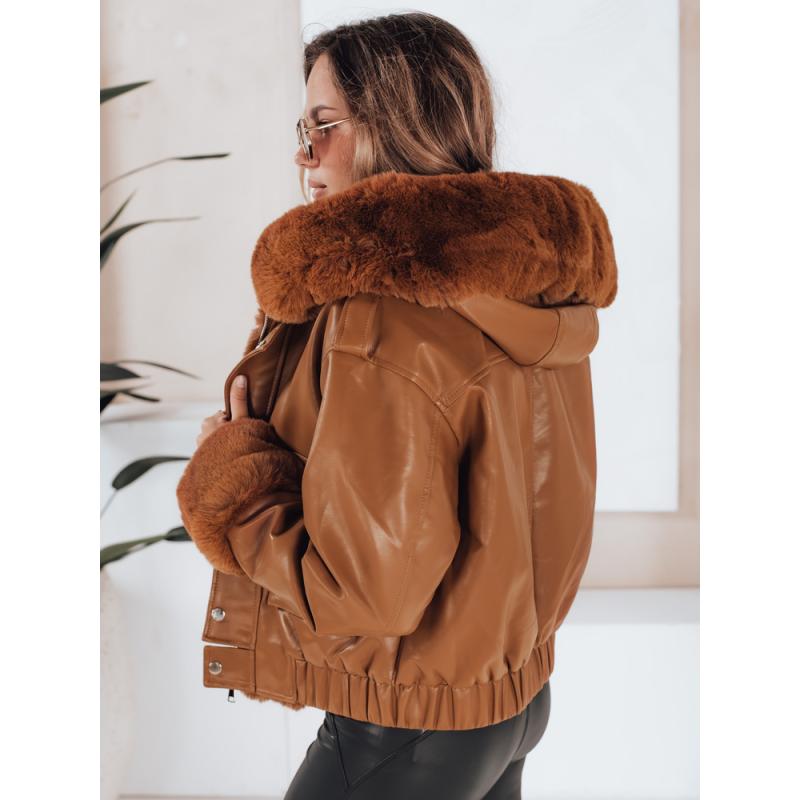 Dámská koženková bunda s kožešinou hnědá
