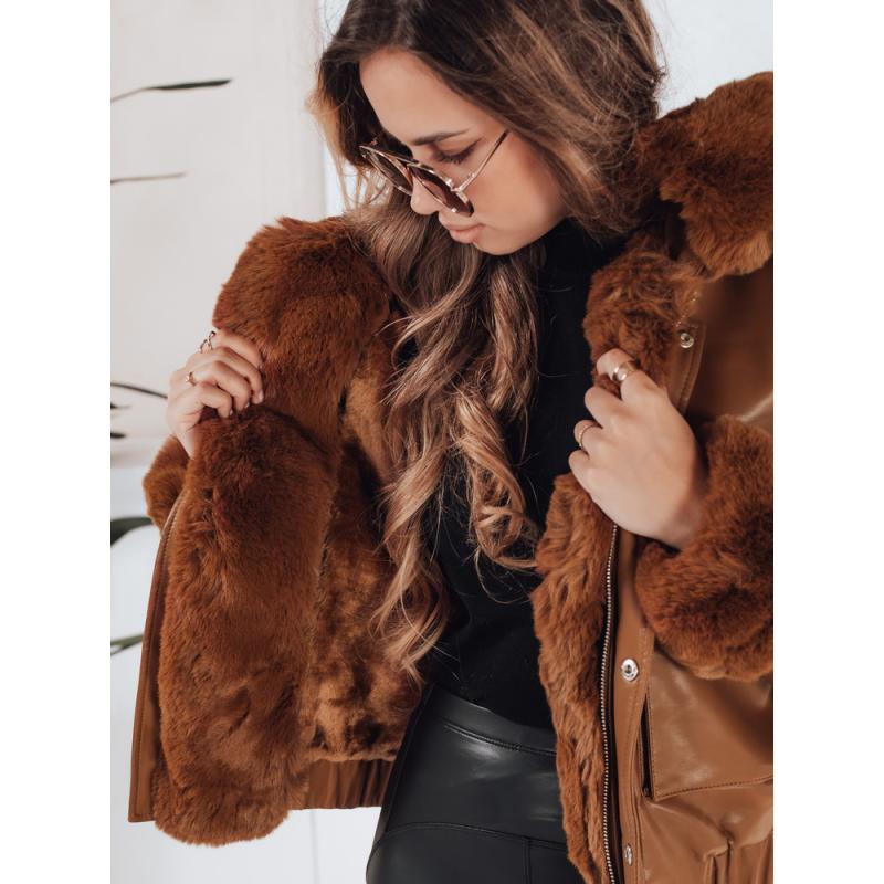Dámská koženková bunda s kožešinou hnědá