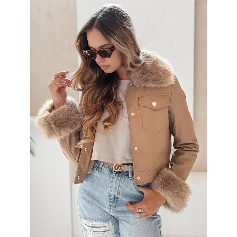 Dámská koženková bunda s kožešinou kamelová