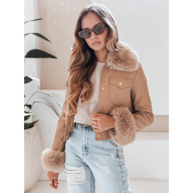 Dámská koženková bunda s kožešinou kamelová