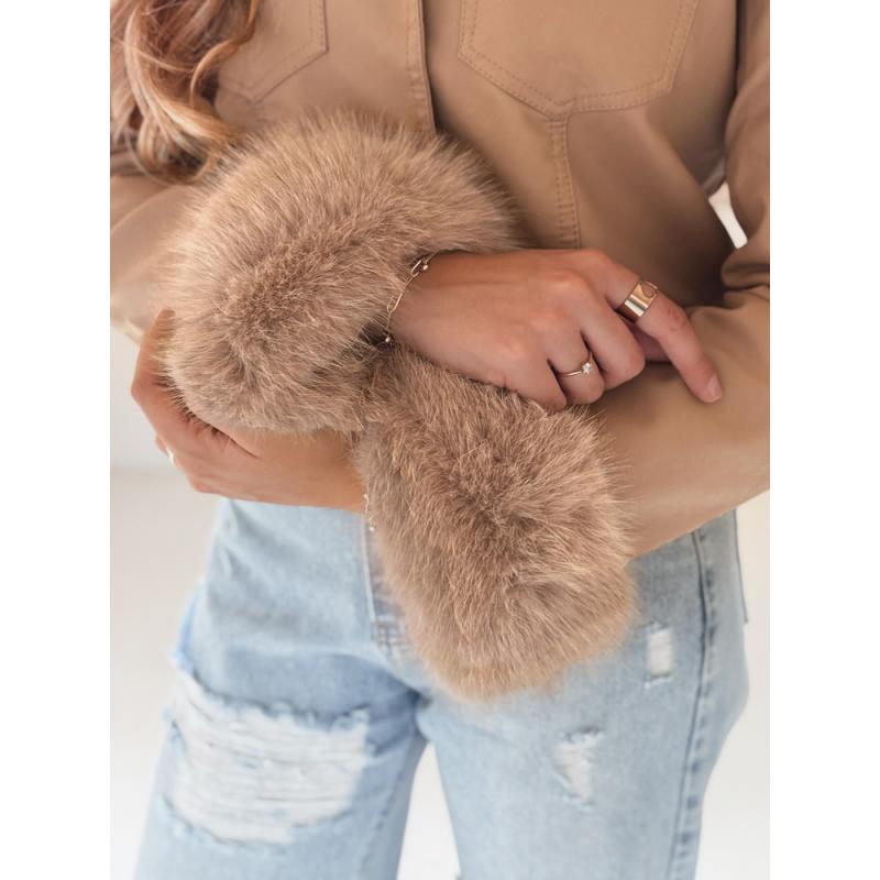 Dámská koženková bunda s kožešinou kamelová