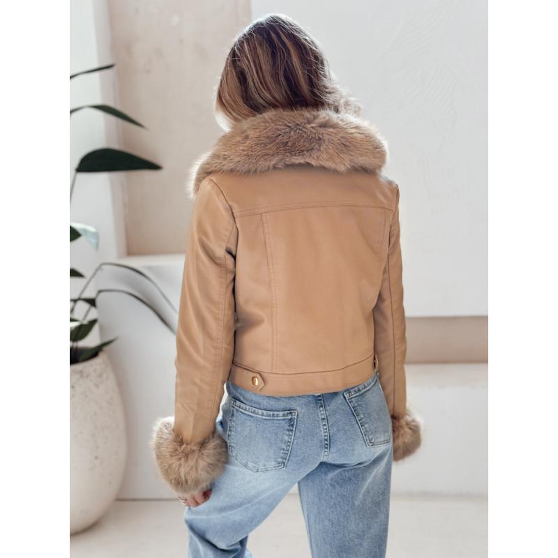 Dámská koženková bunda s kožešinou kamelová