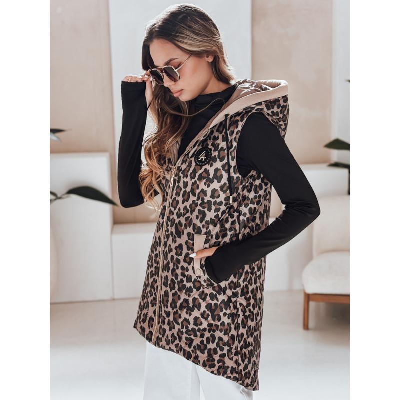 Női steppelt mellény leopárdmintás ELMERA kamel