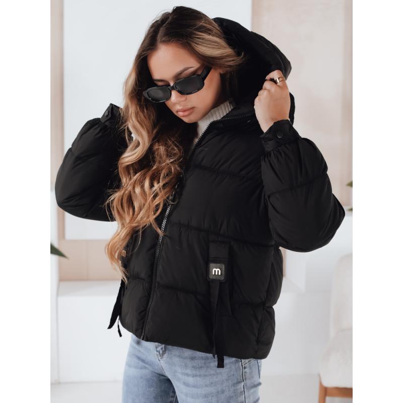 Női téli steppelt kabát kapucnis fekete