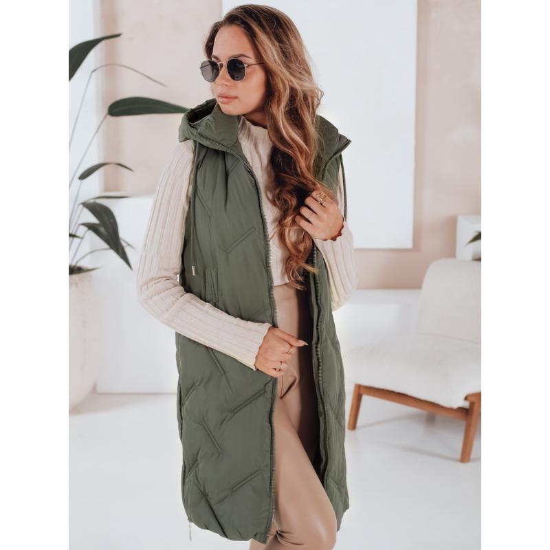 Női hosszú steppelt mellény kapucnival zöld