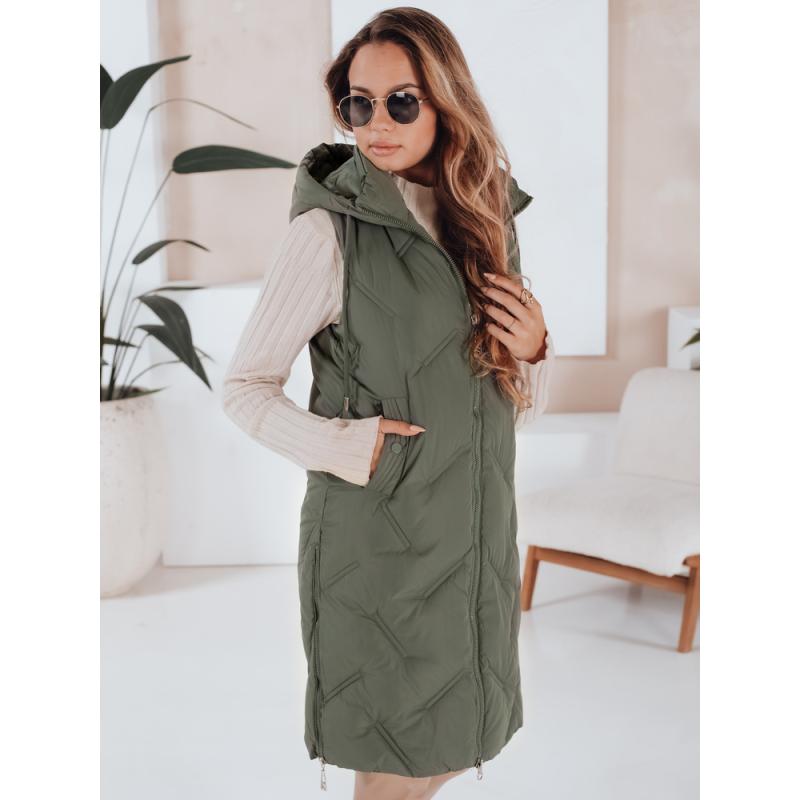 Női hosszú steppelt mellény kapucnival zöld
